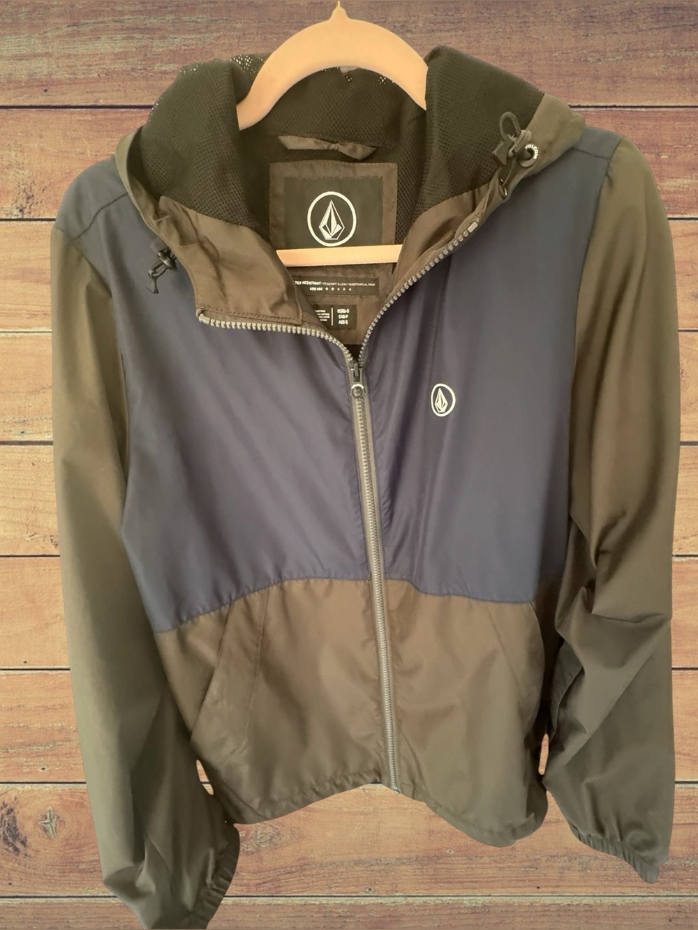 Volcom Navy and Gray Hooded Windbreaker Full Zip Jacket SZ L